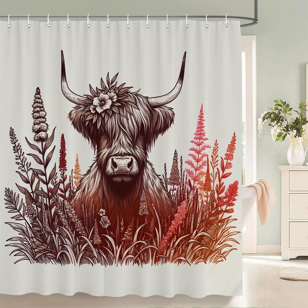 Watercolor Plants And Highland Cow Animal Shower Curtain Print Polyester Waterproof Bathroom Curtains With Hook Decorate Curtain