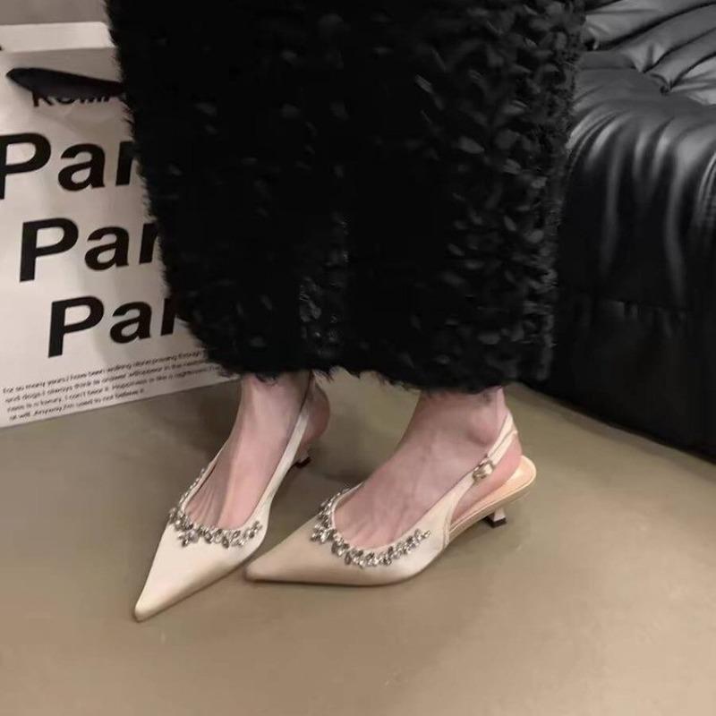 New Women's Summer Classic Champagne Black Banquet Wedding Shoes Sexy Rhinestone Satin Pointed Toe High Heel Sandals for Women