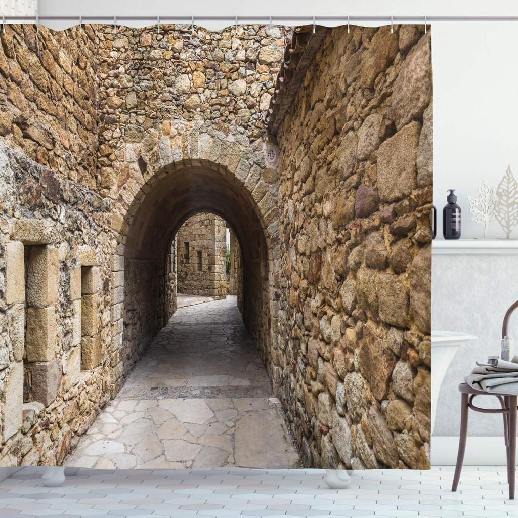 Stone Brick Wall Shower Curtain,Ivy Green Leaves Climbing On Rustic Marble Rocks Stone Wall Fabric Bathroom Shower Curtains