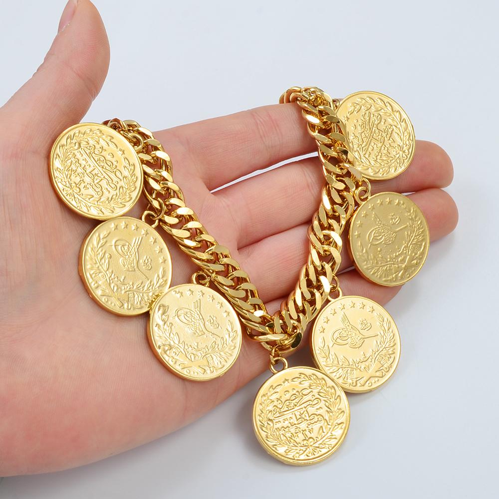 Anniyo Turkish Coin Bracelet for Women Men Turkey's Ancient Coins Banglet Turk Jewelry Gold and Silver Color #122601