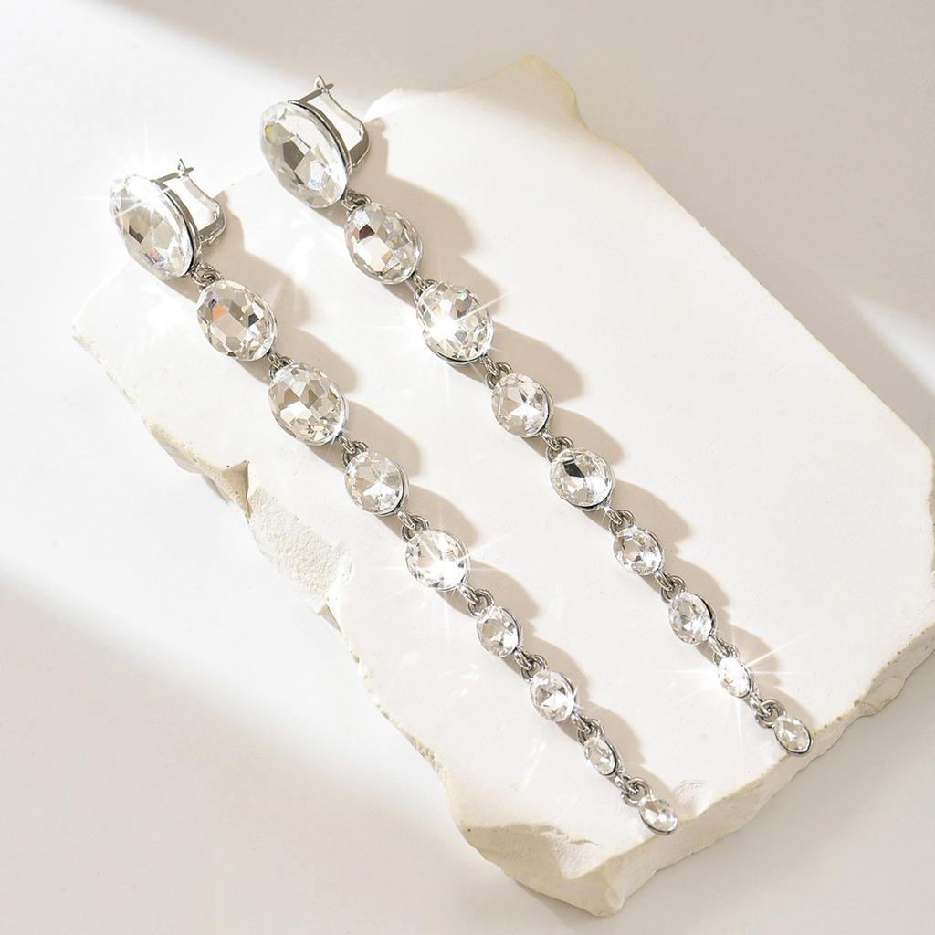 Glass Fringed Earrings Exaggerated Light Luxury Rhinestone Long Stud Earrings High Sense Elegant Banquet Earrings Women