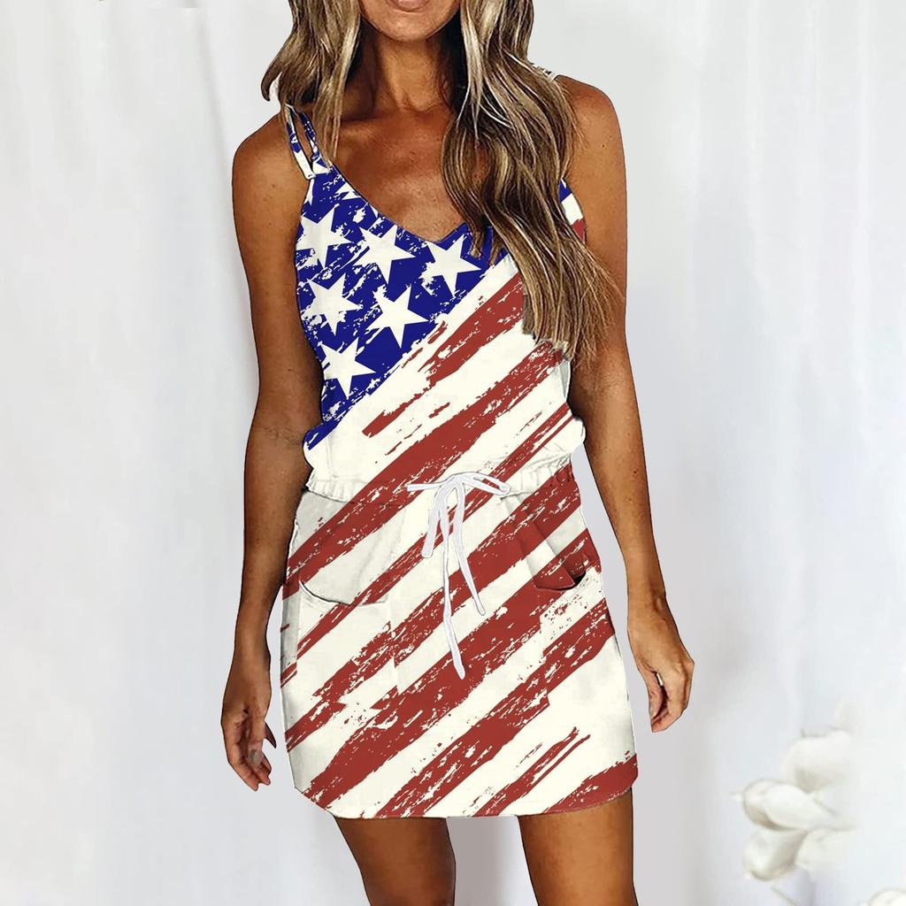 Women's Summer Sexy V-neck  Sleeveless Independence Day Printed Strapless Dress Beach Sun  Dress