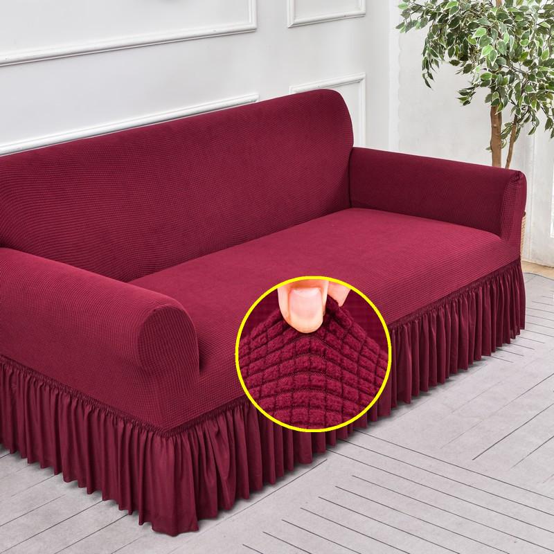 Elastischer Jacquard Sofabezug mit Schürze, Monochrom, Dick, Wohnzimmer, 1-Sitzer, 2-Sitzer, 3-Sitzer, 4-Sitzer