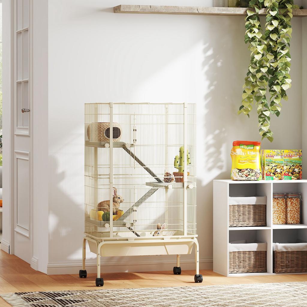 4-Level Rolling Small Animal Cage, Rabbit Cage with 3 Ramps, Water Bottle, Food Dish, 15cm Deep Tray, Beige