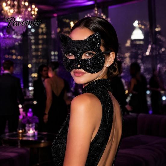 Luxury Rhinestone Costume Mask Full Halloween Mask, Sparkling Skull And Cat Face Carnival Adjustable Elastic Straps for Theme Dances Decorative Party