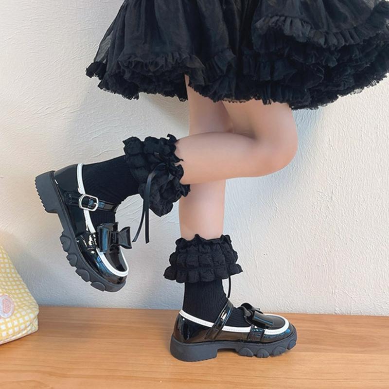Breathable Cotton Hosiery Socks for Girls Toddler Stretchy Knee High Socks Puff Edge Lace Bows Socks for Autumn Spring