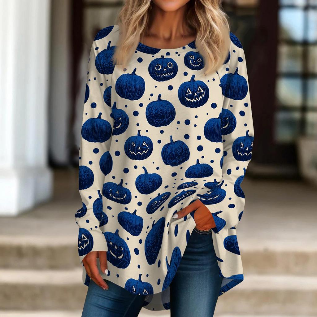 Women's Halloween Graphic Print Long Sleeve T-Shirt Loose Fit Round Neck Pullover