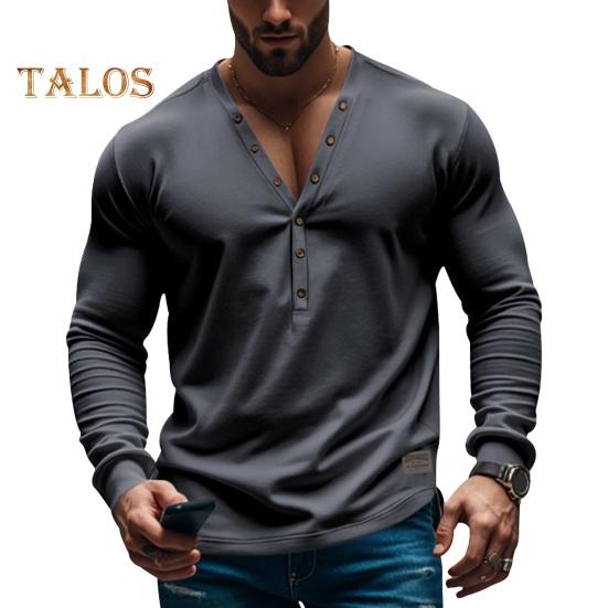 Men Spring Autumn Top Button Decor V Neck Long Sleeves Solid Color Pullover T-shirt Stretchy Slim Fit Fitness Sport Top