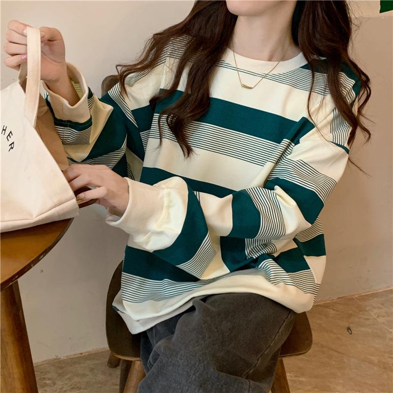 Stripes Clashing Color Loose Long-sleeved T-shirt Women Autumn Winter Thin Section Round Neck Sweater Female Student Tops Retro Versatile Sweatshirt
