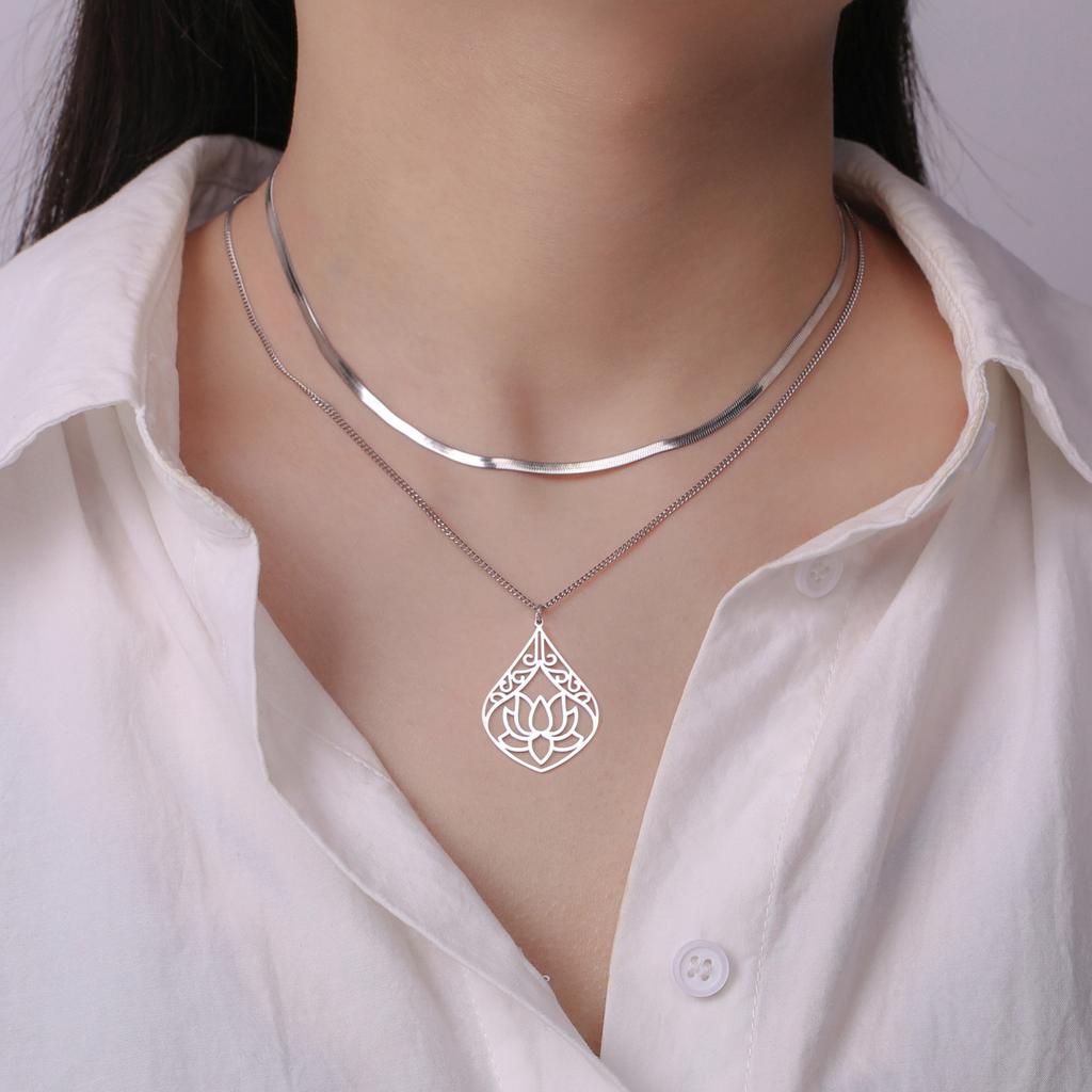 LIKGREAT Lotus Pendant Necklace Lotus Flower Double Layer Choker Stainless Steel Buddhist Yoga Meditation Jewelry Gift for Women