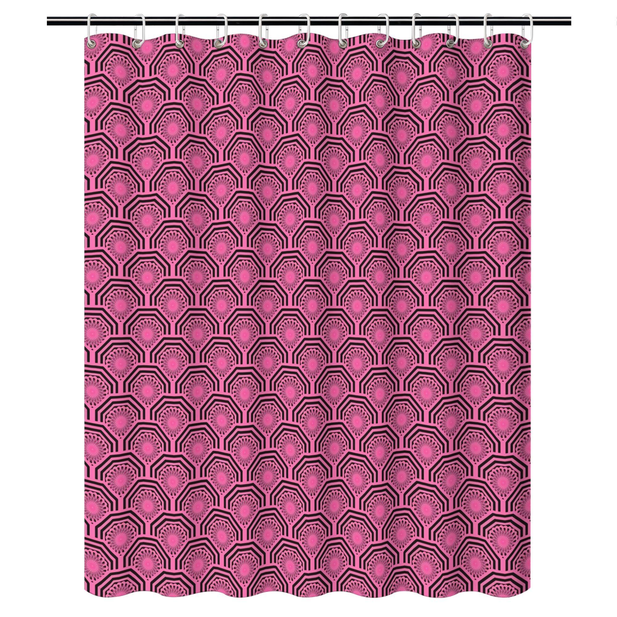 Abstract Octagonal Geometric Pattern Shower Curtain – Fuchsia & Charcoal, Polyester, 12 Grommets, Machine Washable, 72×72 (as the picture,90x180cm35x71in)