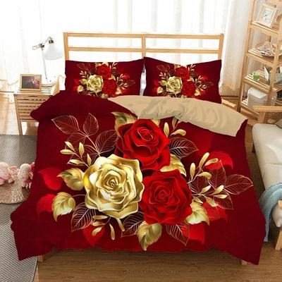 3D Schimmernde Rote Goldene Rosenblumen Bettbezug-Set Mit Kissenbezug Valentinstag Mode Bettwäsche-Set Schlafzimmer Wohnheim Dekor Bettwäsche-Sets