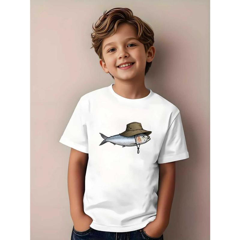 European Sizes Summer Boys' Crew Neck Short-Sleeved T-Shirt - Cartoon Fish In Hat Print, Slightly Elastic Fabric, Suitable for Casual Sports Tops