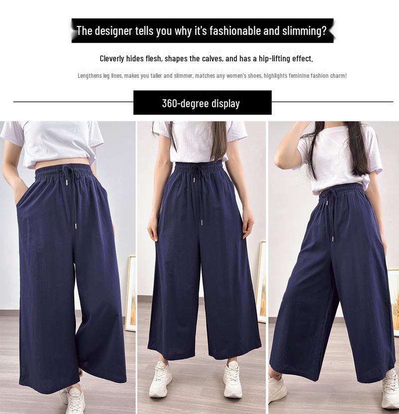 Southeast Asia Women's Casual Loose Ramie Culottes - Wide-Leg All-Cotton Slimming Pants, Eight-Point Length