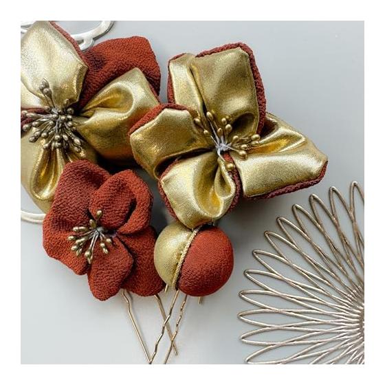 Tsumami Zaiku Hair Ornaments - Orange Brown, Formal Occasions, Bridal, Kimono, Hakama, Graduation, Wedding, Gold Accents