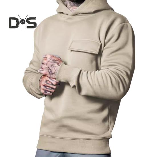 Осень-зима Мужская толстовка с капюшоном карманом-клапаном свободными эластичными манжетами большой размер теплый пуловер средней длины однотонный топ для занятий спортом повседневная одежда M 2654₽