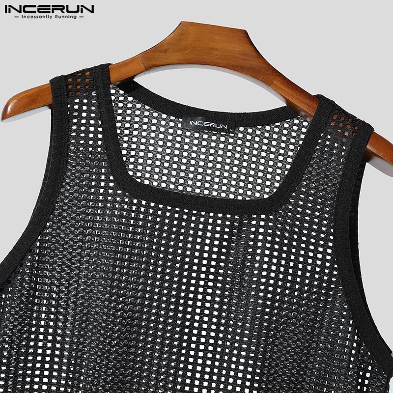 INCERUN Men Square Collar Sleeveless Hollow Out Casual Beach Tank Tops