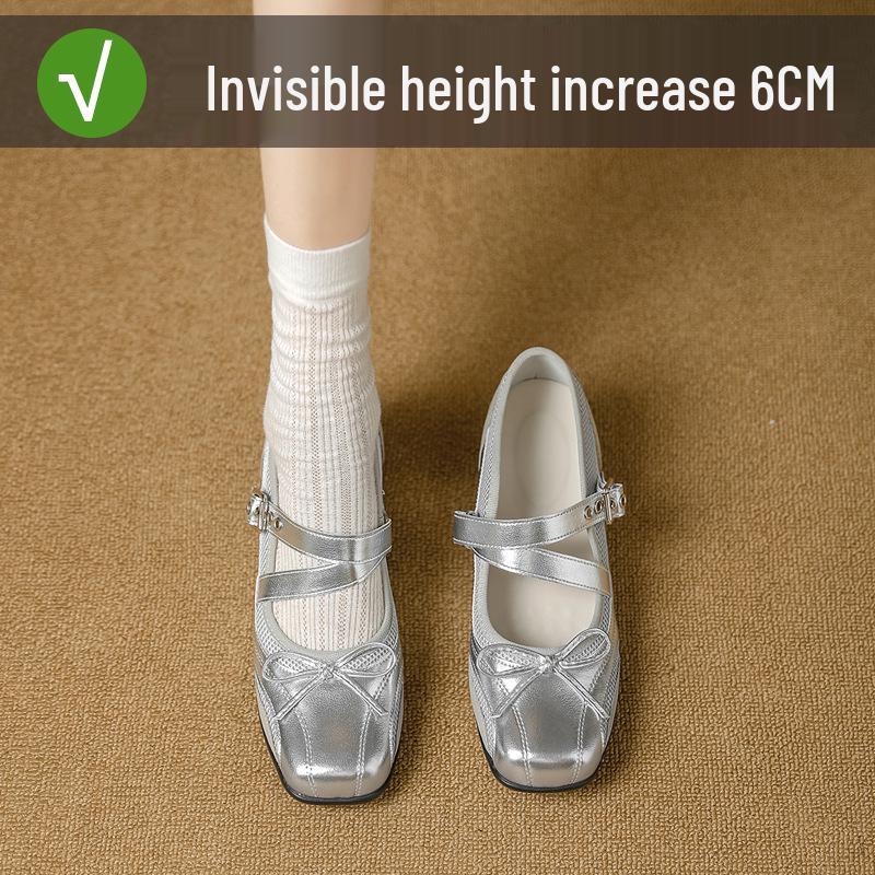 Silver Vintage Leather Hidden Heel Mary Jane Ballet Flats with Bow