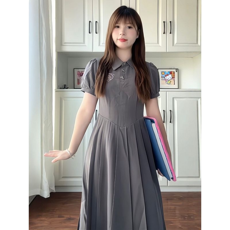 Plus Size Women's Clothing for Fat Girls, Korean Style Preppy Style Polo Collar Waist-Cinching Dress, 2026 Summer Fashion Slimming Dress