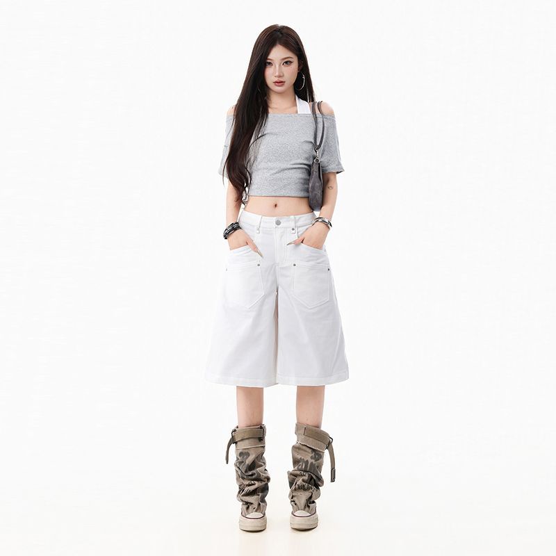 Fashion Summer White Pocket Design Straight Wide Leg Cropped Capri Denim Pants For Women Trendy Versatile Slimming AllMatch Casual Bottoms