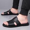 Herren Schwarz Leder Hausschuhe Einfache flache Sandalen Sommer Braun Outdoor Römische Sandalen Outdoor Strandschuhe für Vater Übergröße