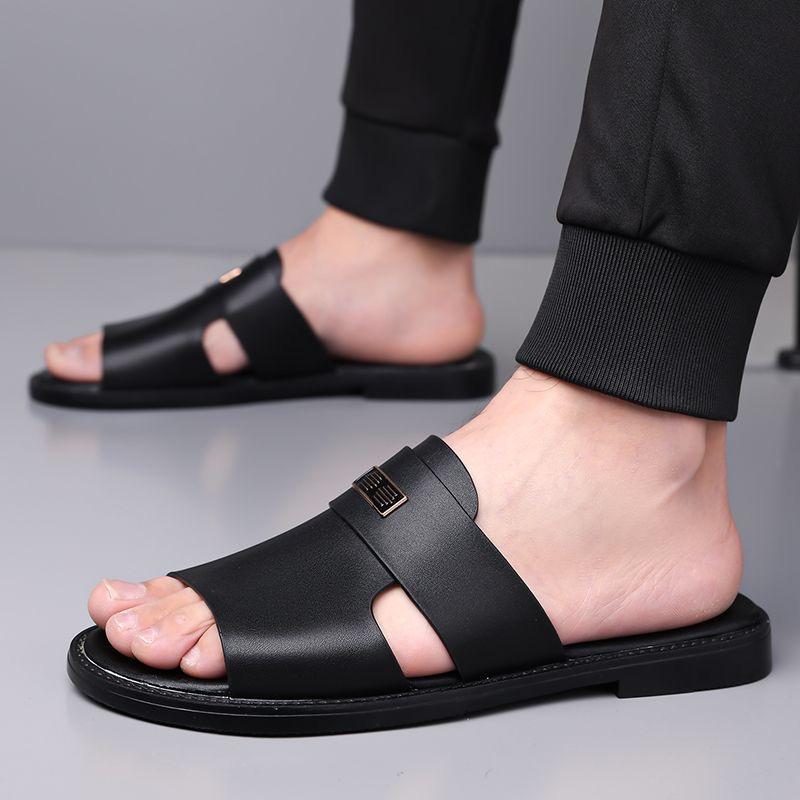 Herren Schwarz Leder Hausschuhe Einfache flache Sandalen Sommer Braun Outdoor Römische Sandalen Outdoor Strandschuhe für Vater Übergröße
