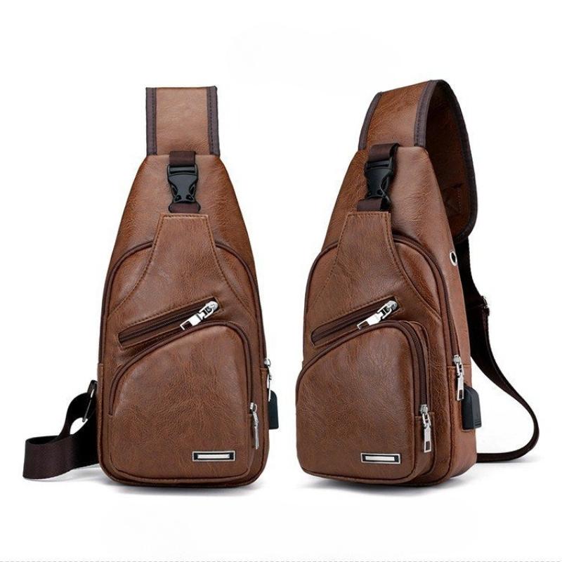 1Pc USB Men's Solid Color PU Chest and Shoulder Bag - Trendy Summer Casual Bag