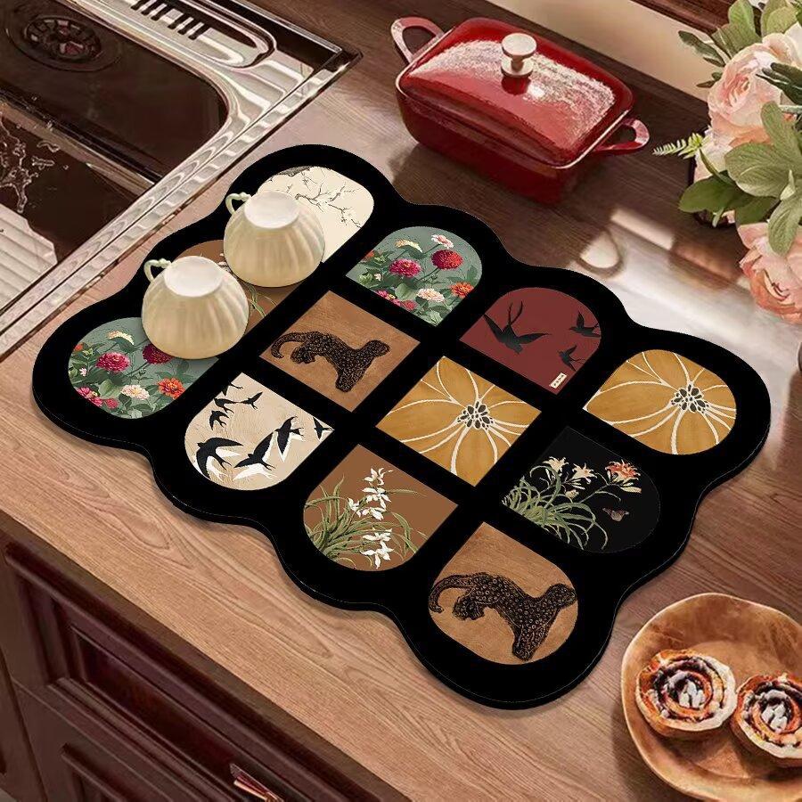 Vintage Kitchen Countertop Draining Mat Tableware Mat Non-Slip Mat Microwave Oven Top Mat Placemat Heat Insulation Mat