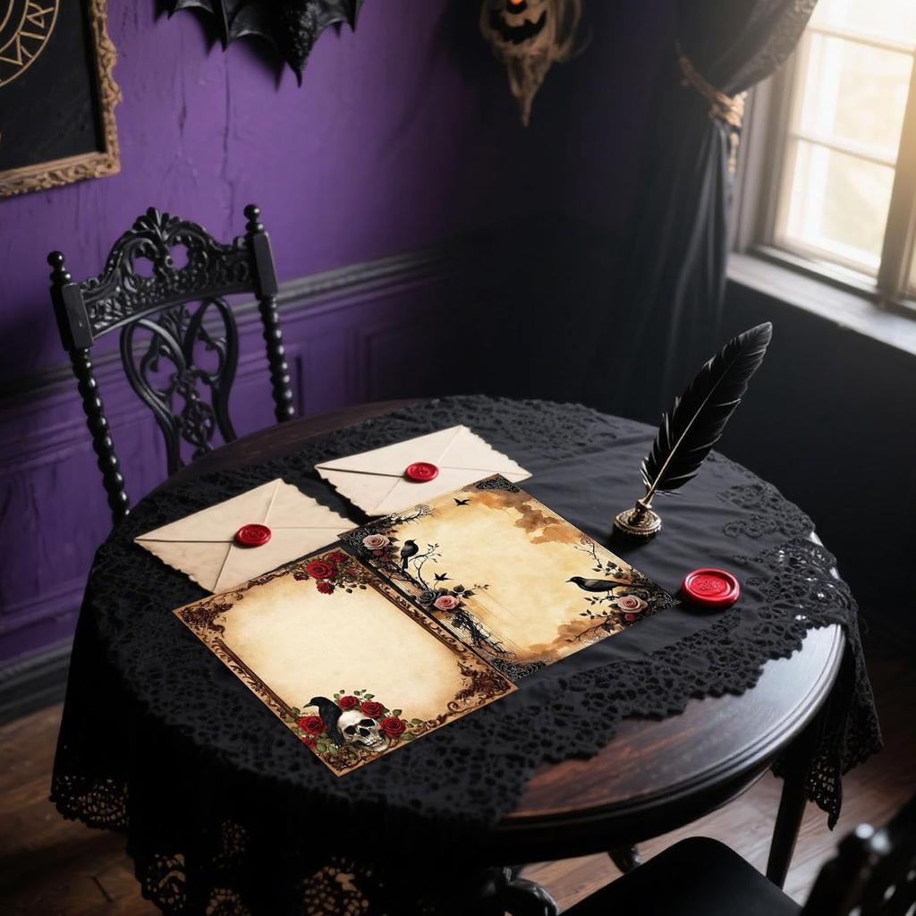 Whaline 60 Sheet Halloween Stationery Paper 4 Gothic Style Border Letterhead Vintage Skull Rose Castle Writing Paper for Invitation Office Printing,