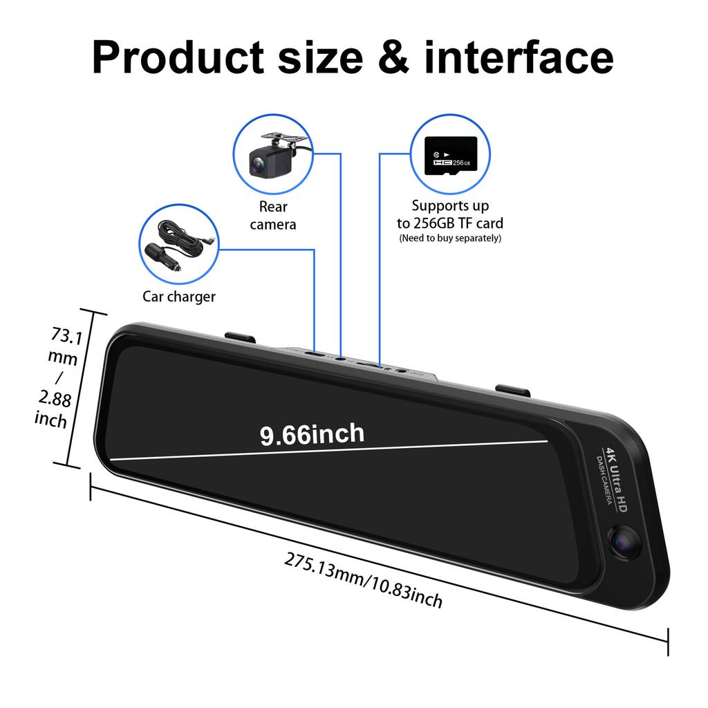 4K 10-Inch Streaming Media Dash Cam, 3 Lenses, WiFi, Night Vision, 170° Fisheye, Rearview Mirror