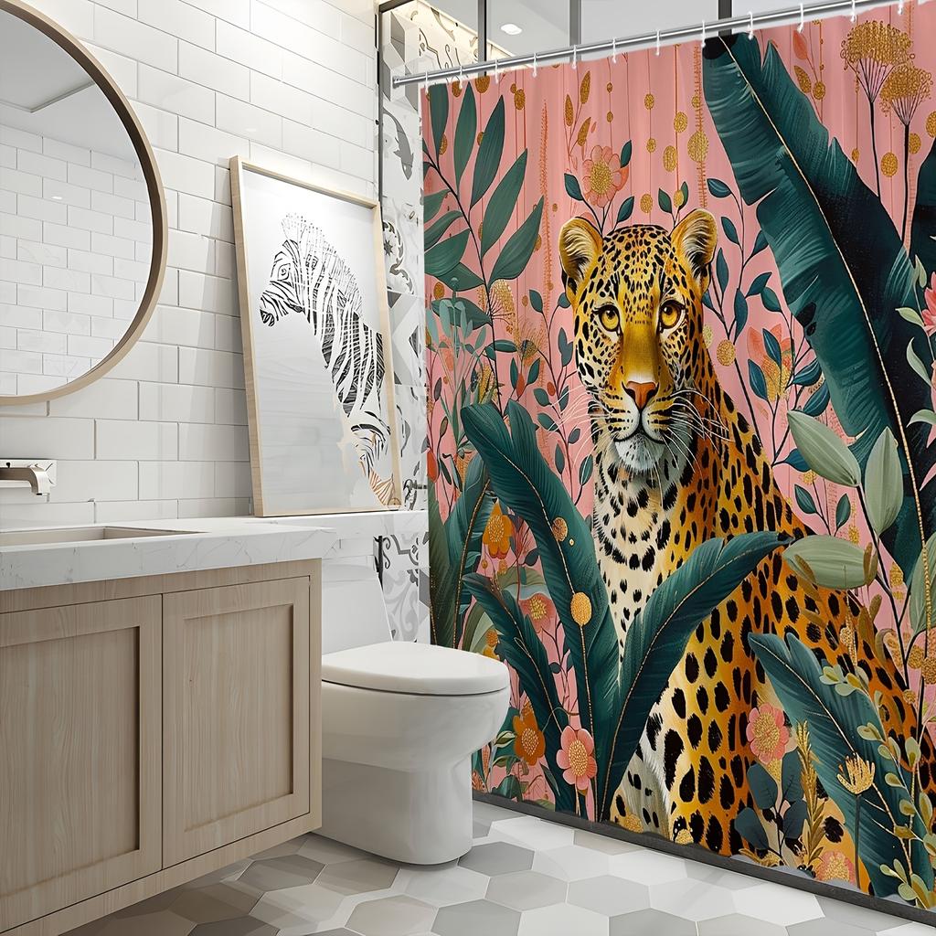1pc Shower Curtain Majestic Leopard Jungle Theme Bathroom Decor Polyester Fabric with Tropical Foliage Pink Floral Background