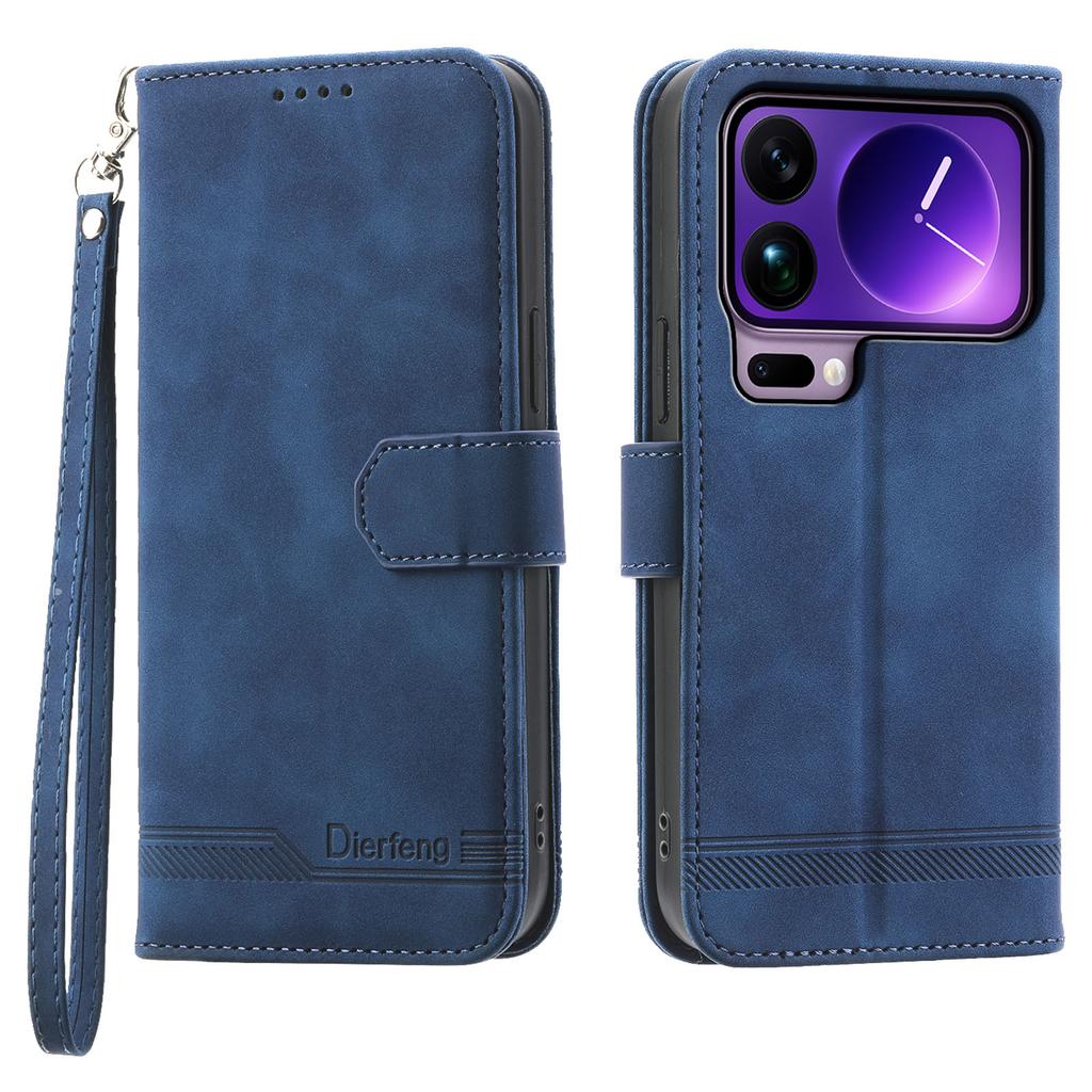 DIERFENG DF-03 For Xiaomi 17 Pro Max Case Lines Imprint Wallet Leather Phone Cover with Wrist Strap