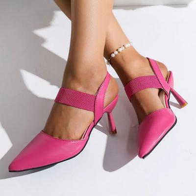 Elegant Rose Red High Heel Sandals for Women Pu Leather Thin Heels Dress Party Shoes Plus Size Elastic Band Pointed Toe Sandals