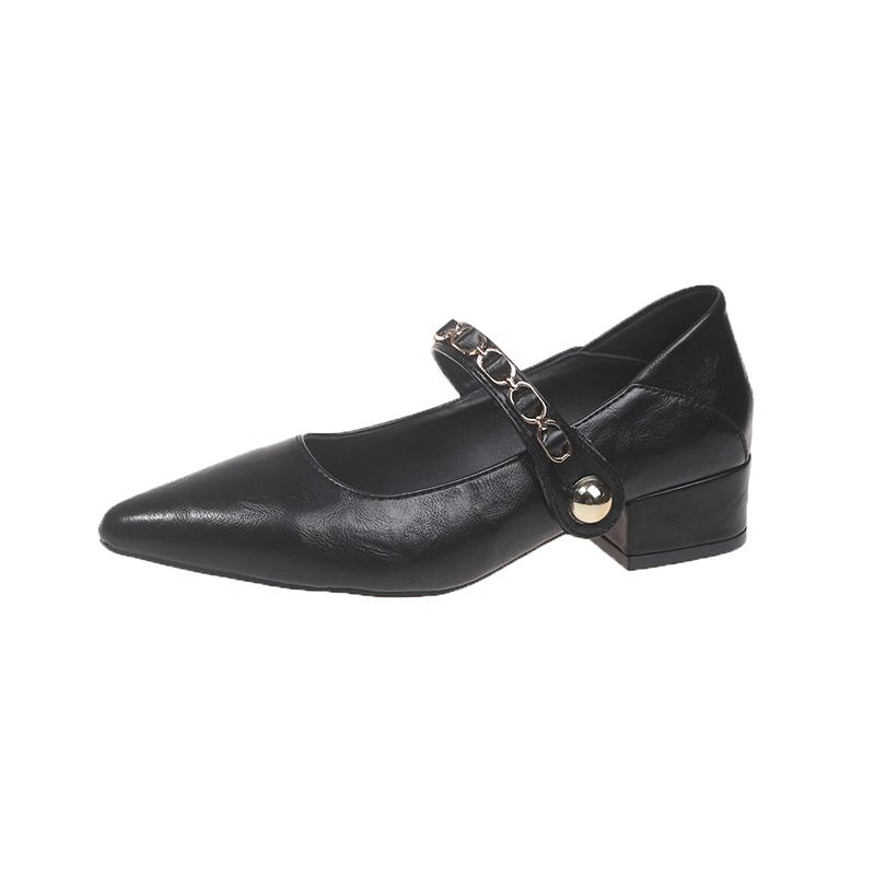Fashion Autumn New Coarse Heel Shoes Women's Fashion Pointed Head Shallow Mouth Metal Line with Low Top Shoes