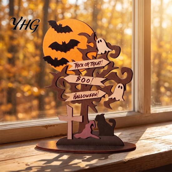 Reusable Holiday Wood Crafts Halloween Moon Bat Ghost And Dead Tree Tabletop Ornament, Wooden Ornaments Decorative Table Centerpiece for Home Desktop