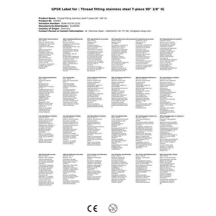 T inox fileté 3/8", Raccord plomberie, Acier inoxydable V4A