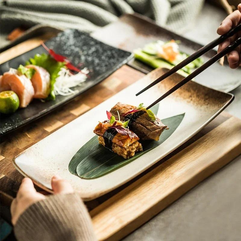Retro Obdĺžnikový Tanier na Sushi Japonské Keramické Taniere Tanier na Západné Jedlo Domáca Jedálenská Súprava Taniere a Misy Kuchynské Doplnky
