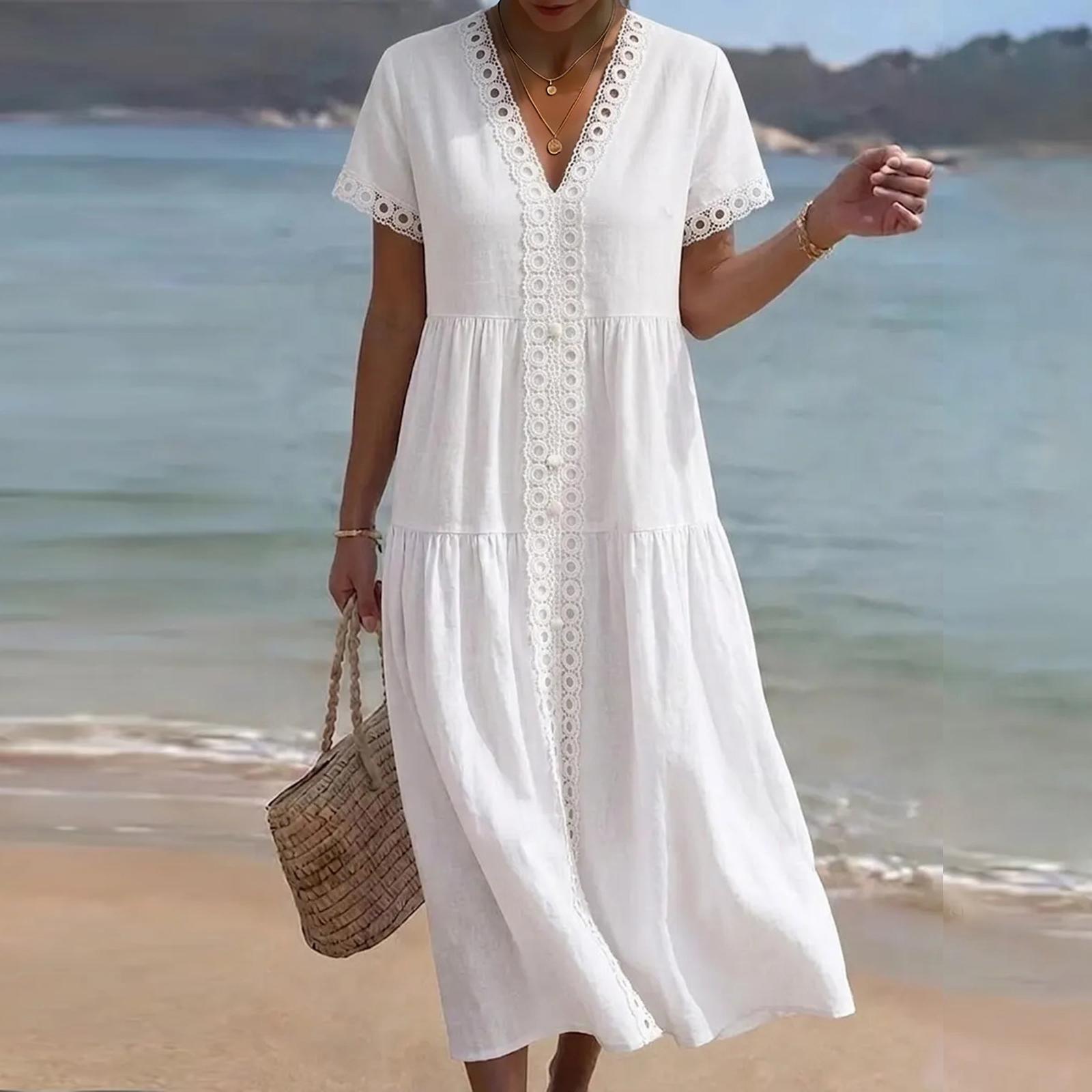 

Women s Ssummer Fashion V Neck Short Sleeved Color Casual Lace Patchwork Dress XL білий