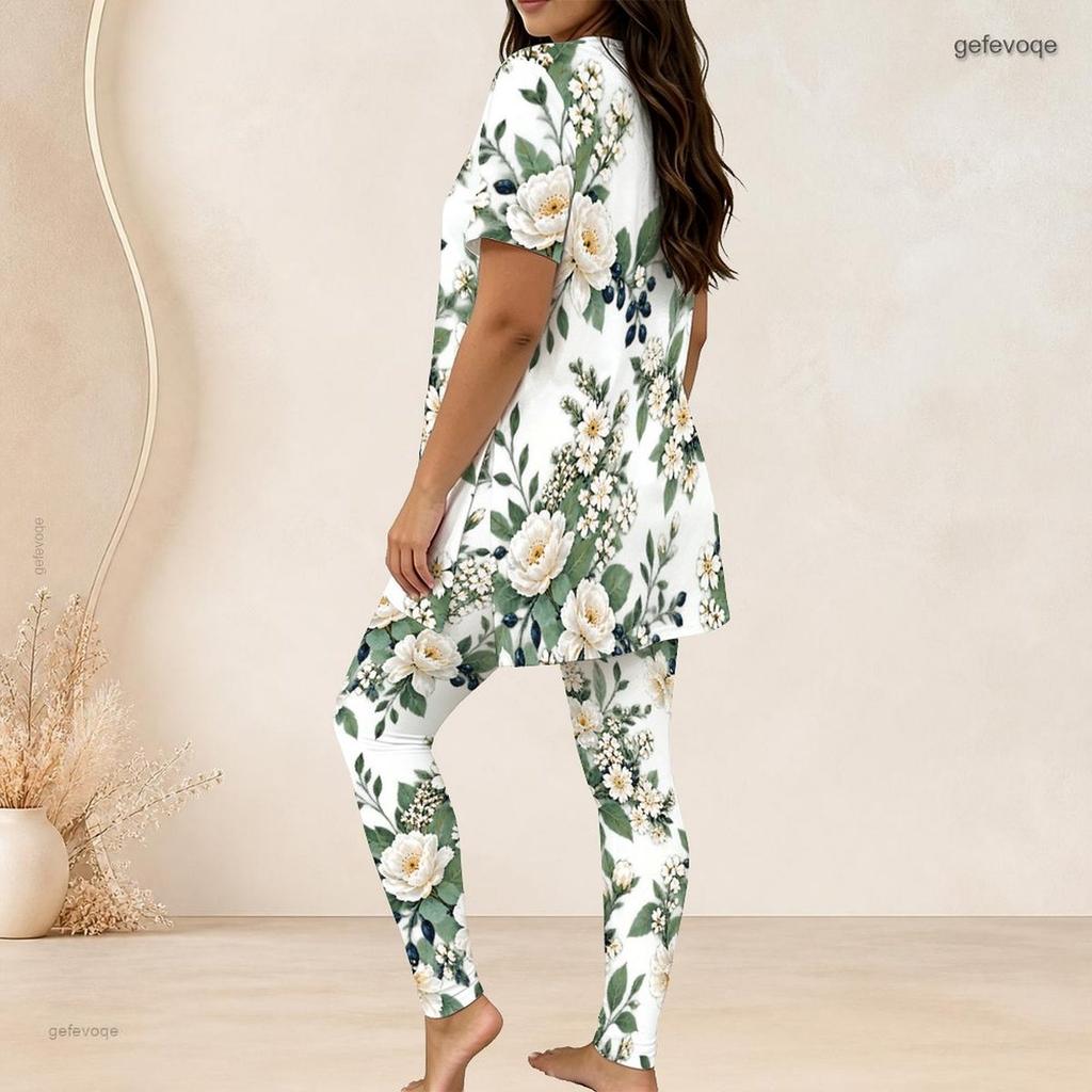 Women Plus Size Floral Printed Round Neck Short Sleeve Long Top And Fitted Pants Two Piece Set