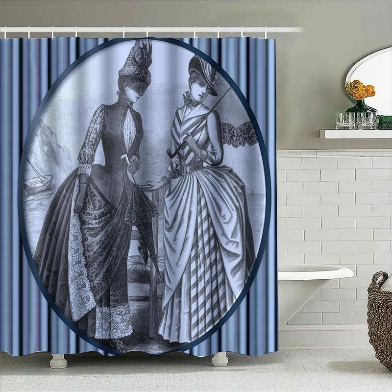 Luxury Vintage Print Shower Curtain Waterproof Bath Decorative Home Decoration Victorian Style Girl Dress Blue White Stripe Patt