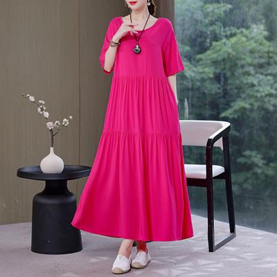 Frauen Sommer Maxi Kleid Plissee Lose Saum Einfarbig Kurzen Ärmeln Rundhals Knöchel Länge Weiche Patchwork Dame Kleid