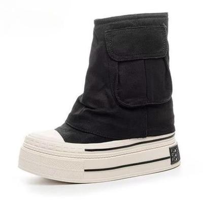 Fashion 2025 New Women All Season Canvas Boots Zipper Side Inner Height Increase 12cm Ultra High Heel Pocket Ankle Boots Black White
