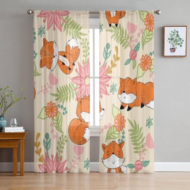 Autumn Forest Cartoon Animals Bear Fox Owl Sheer Curtains for Windows Tulle Curtains for Living Room Bedroom Children Room Decor
