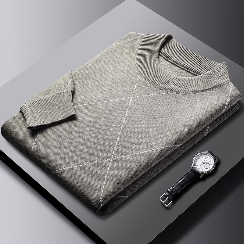 Men's 2025 Autumn/Winter Diamond Jacquard Knit Sweater - Round Neck, Long Sleeve