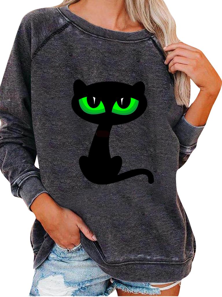 Ladies Spring/Fall Sweatshirt Women's Fashion Cat Print Top Oversized Pullover Sweatshirt