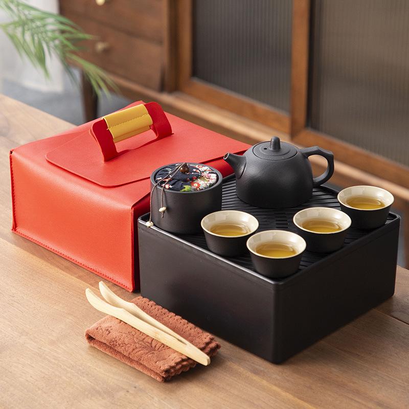 Japanese-style black pottery outdoor portable travel tea set, beam pot, dry tea tray, business company gift