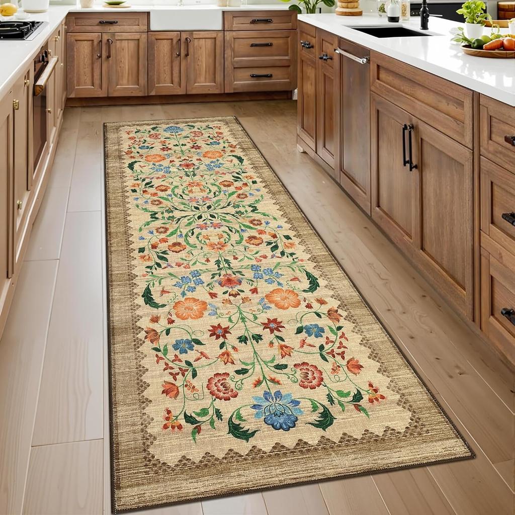 Retro Runner Rug Nordic Style Floral Print Kitchen Carpet Stylish Light Luxury Machine Washable Non-Slip Bedside Mat Alfombra