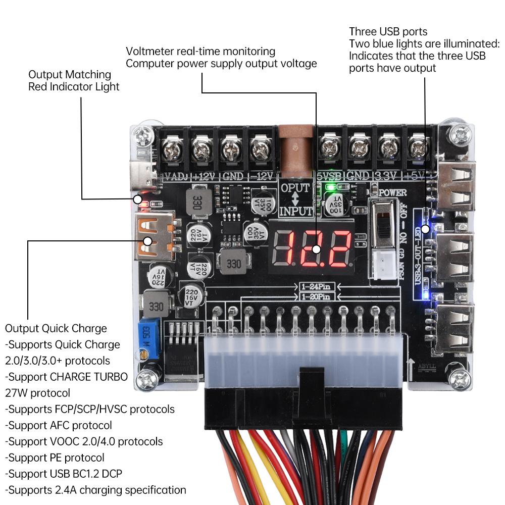 20/24Pin ATX Power Supply Breakout Module Access Board DC 3.3V/5V/12V Power Adapter for Home Aging Small Electrical Appliances