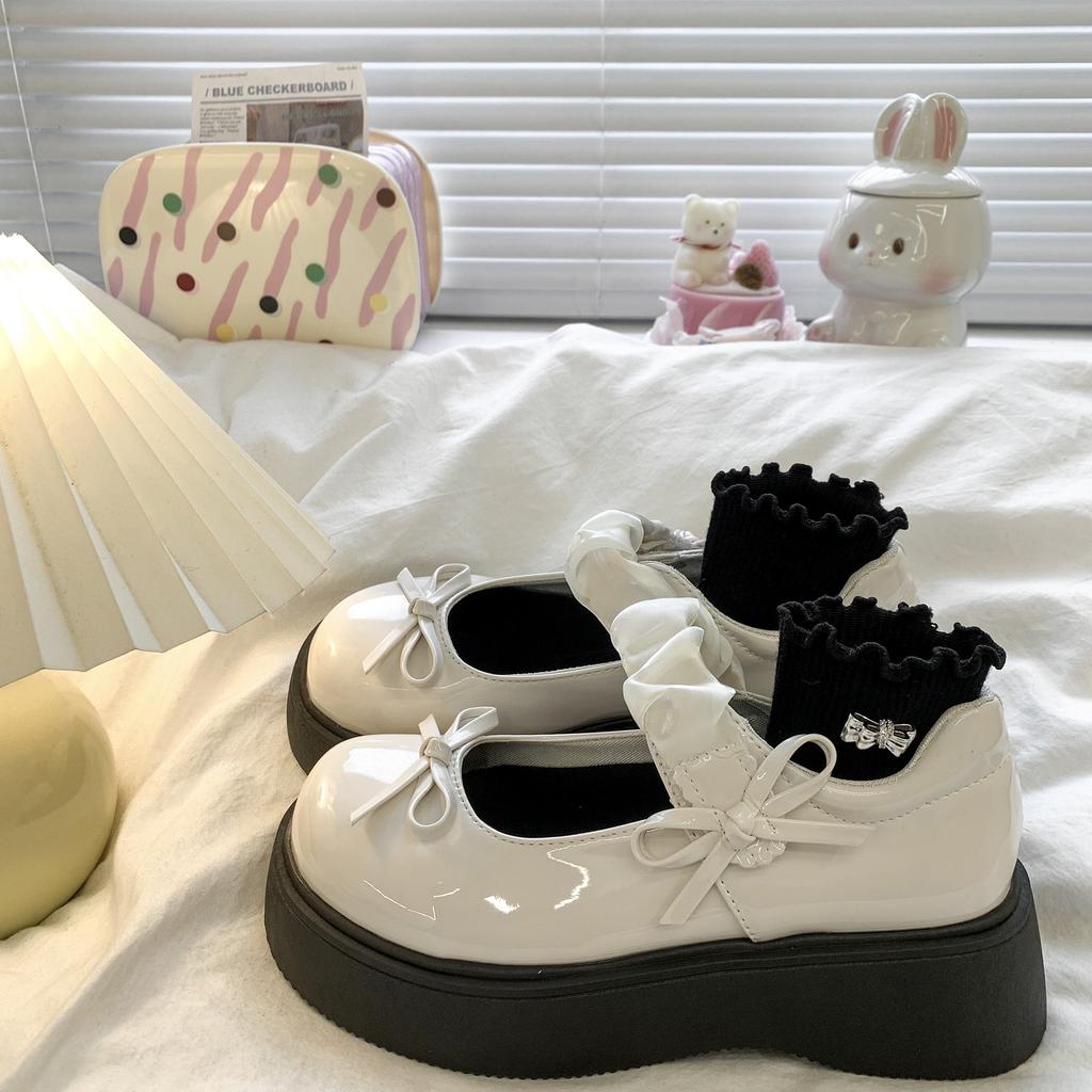 Thick-soled shallow-mouth single shoes women's 2025 new fashion bow small leather shoes heightening French with skirt Mary Jane shoes