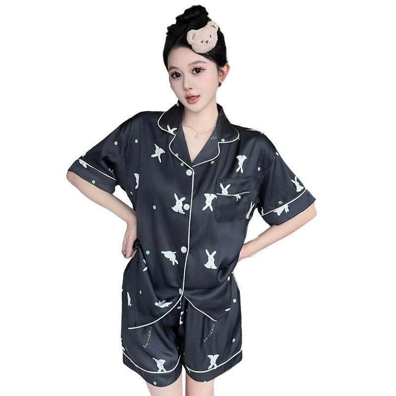 Fashion Sweet Wind Cartoon Rabbit Ice Silk Pajamas Women'S Summer Loungewear Suit Can Be Worn Outside